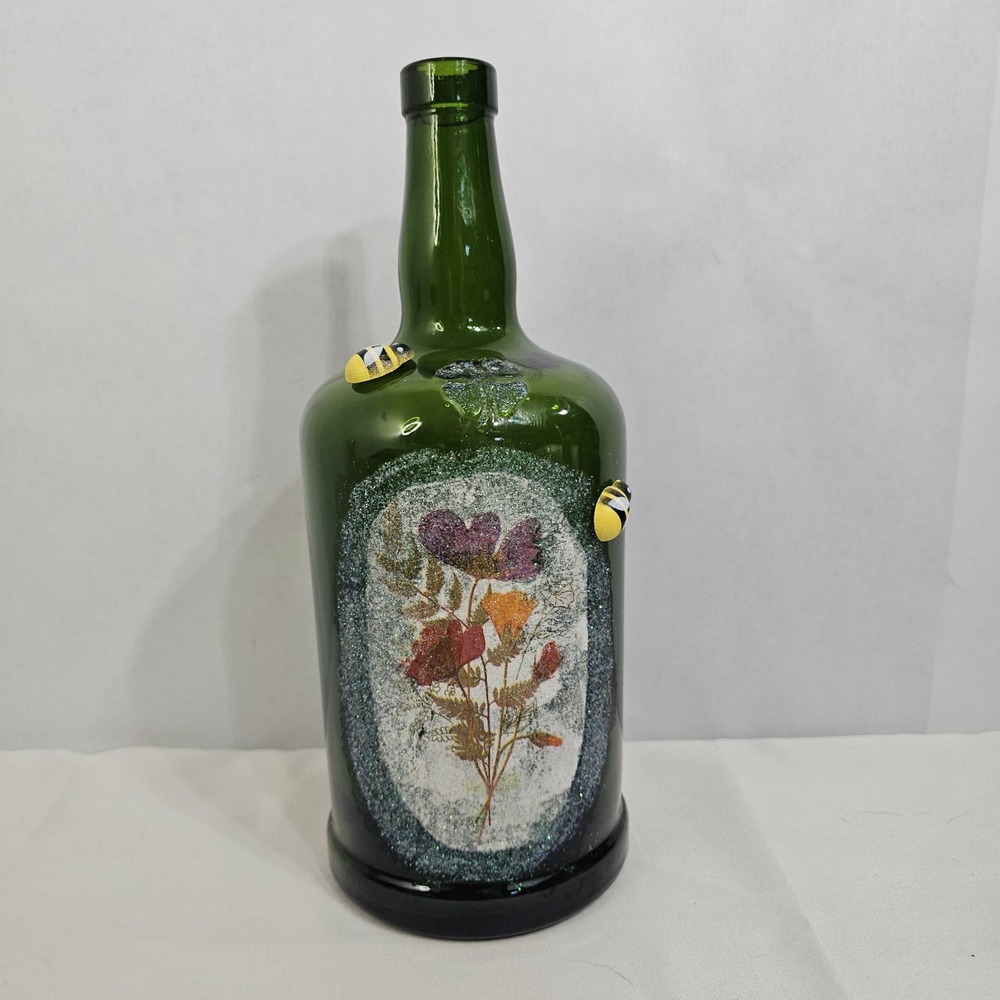 VTG Yvon Mau Bordeaux Green Glass Bottle Embossed‎ 4 Leaf Clover- Bees-12in Tall